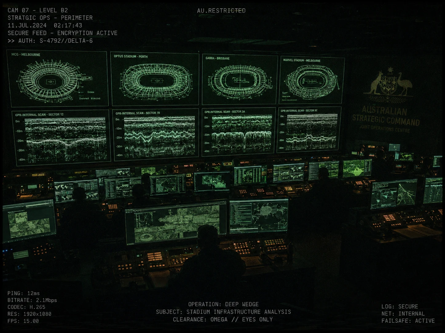 Dark control room with green monitors